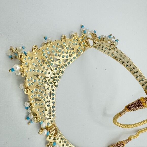 Gold Plated Blue Stone Beaded Rajasthani Kundan Bridal Necklace - Picture 11 of 13